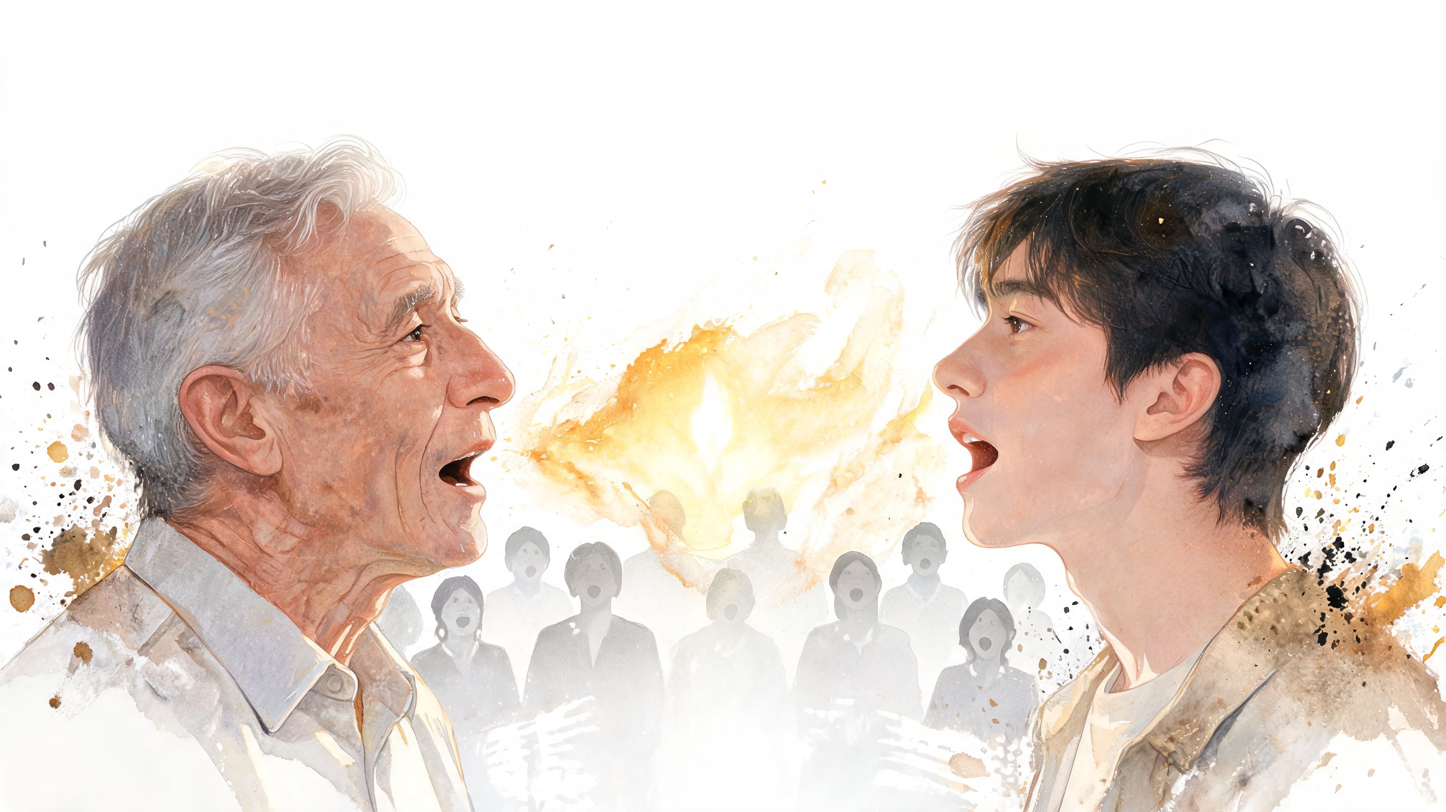 A watercolor illustration showing an elderly man and a young man singing together before a choir.