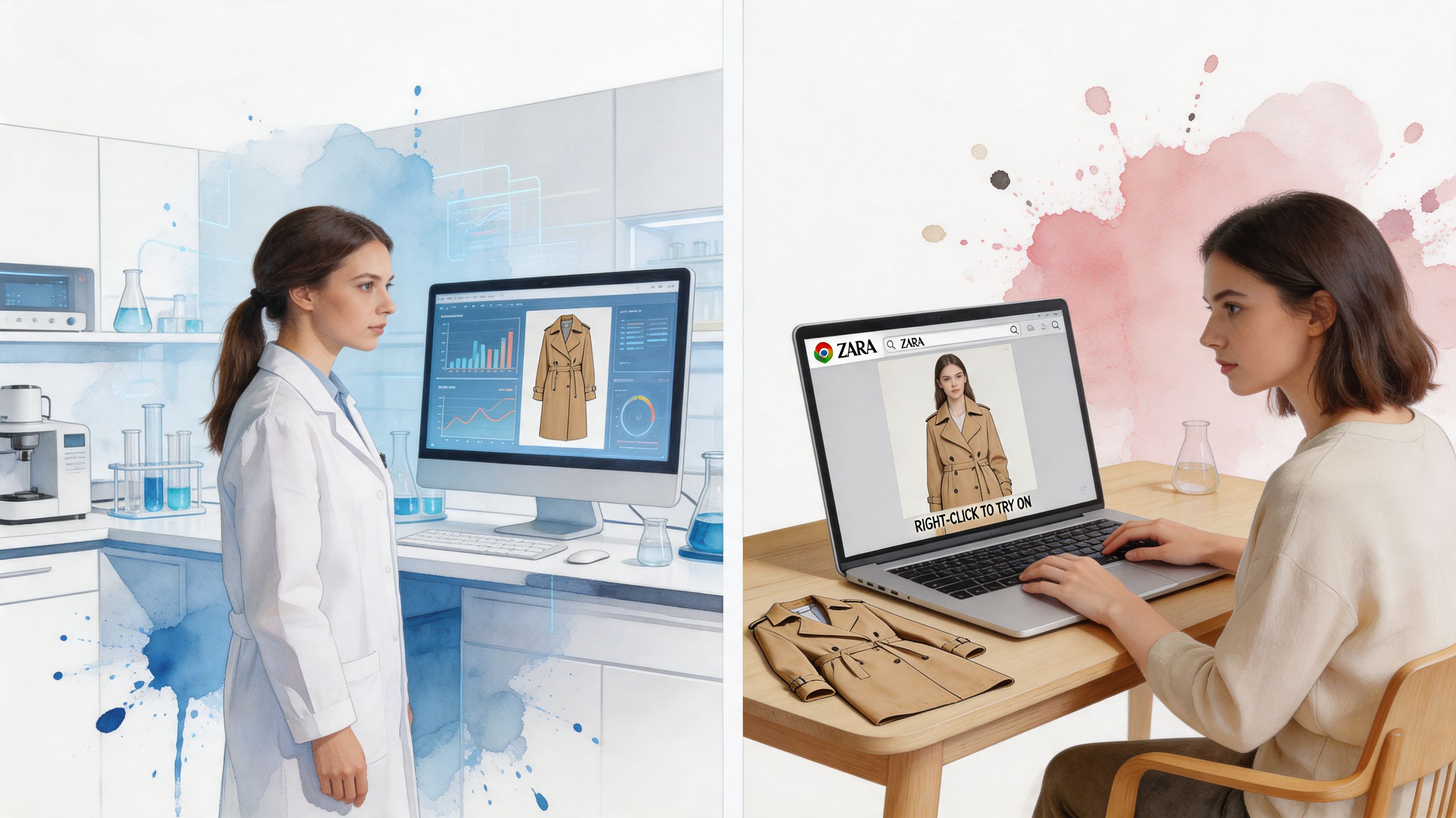 A split image showing a scientist researching digital clothing on the left and a person using AI software to try on a trench coat on the right.
