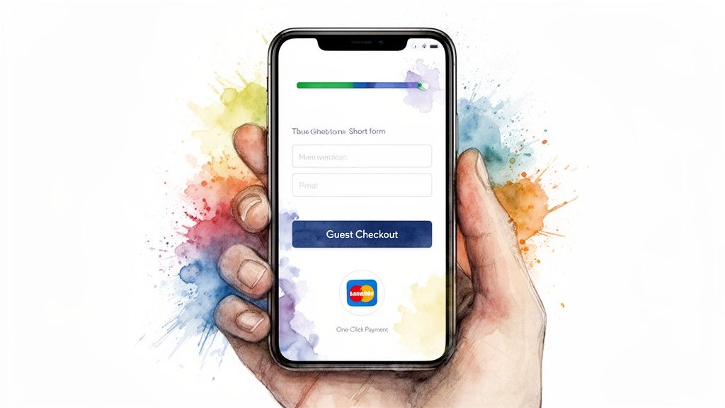 A hand holds a smartphone displaying a mobile checkout form with a progress bar and payment options.