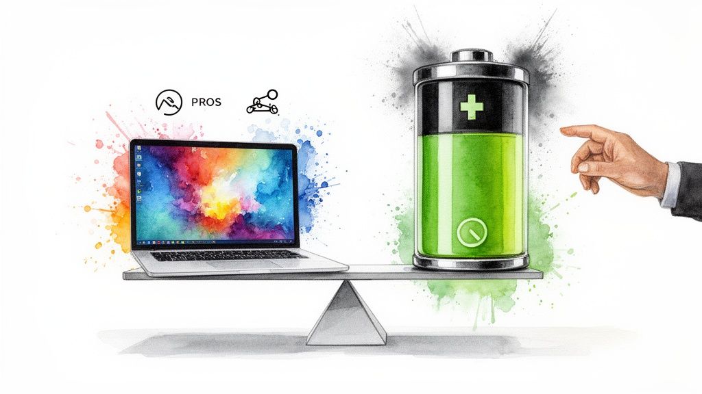 A seesaw balances a laptop with a colorful screen and 'PROS' icons against a large green battery, indicating power efficiency.