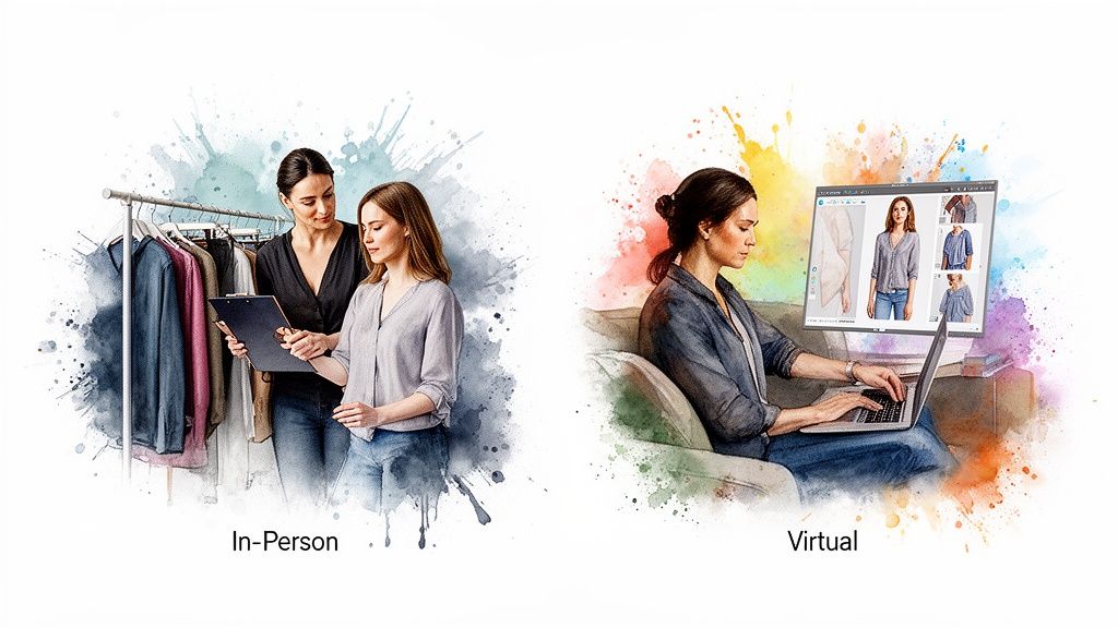Two women illustrating in-person and virtual personal styling or online clothing shopping experiences.