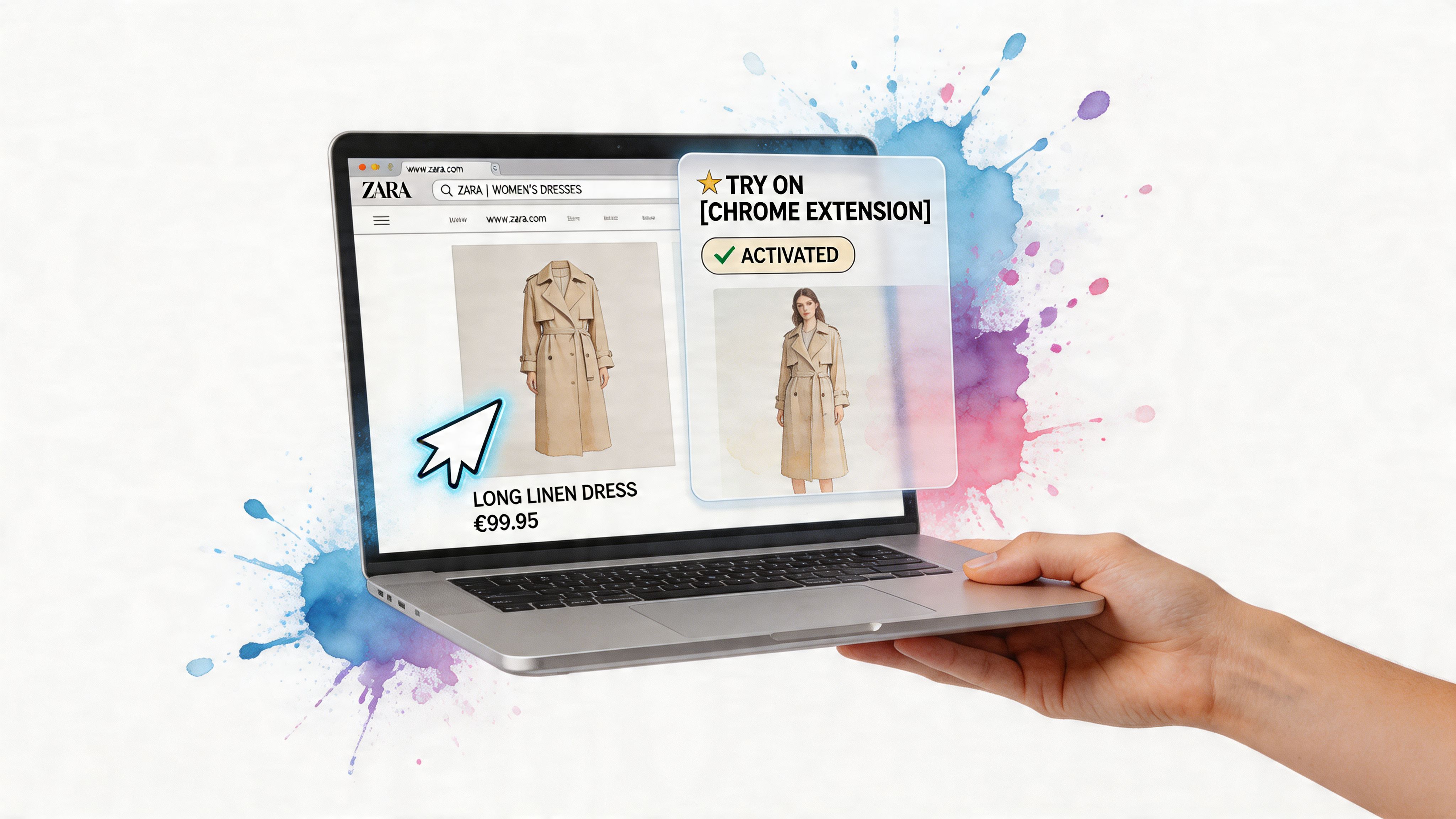 A hand holding a laptop displaying a Zara online store with an active virtual try-on chrome extension.