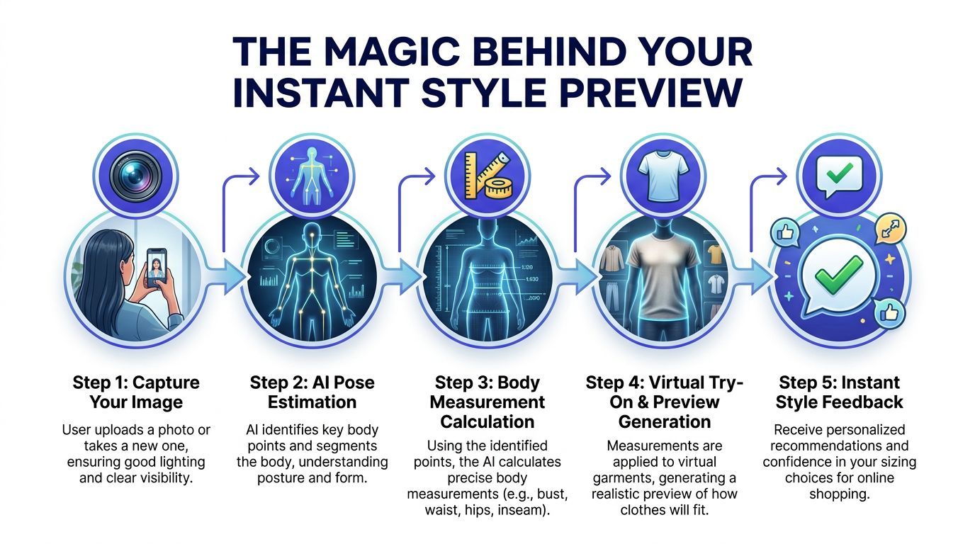 A five-step infographic showing how artificial intelligence technology analyzes body measurements for virtual clothing try-on and feedback.