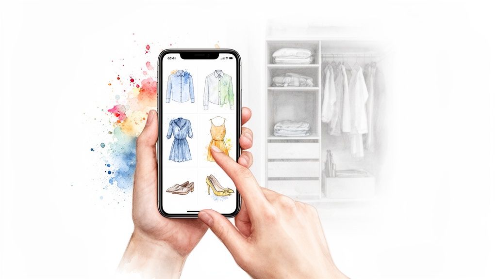 Smartphone displaying a clothing organization app with watercolor fashion items and a closet background.
