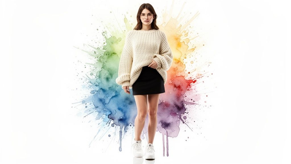 A woman in a cream sweater, black mini skirt, and white sneakers stands before a vibrant watercolor splash.