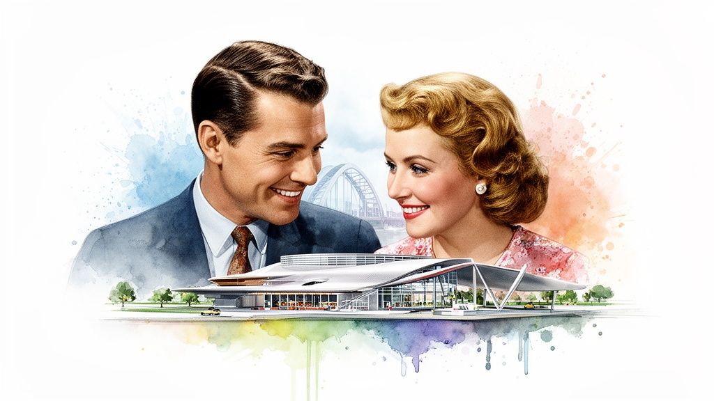 Smiling retro couple looking at a futuristic mid-century modern building with watercolor splashes.