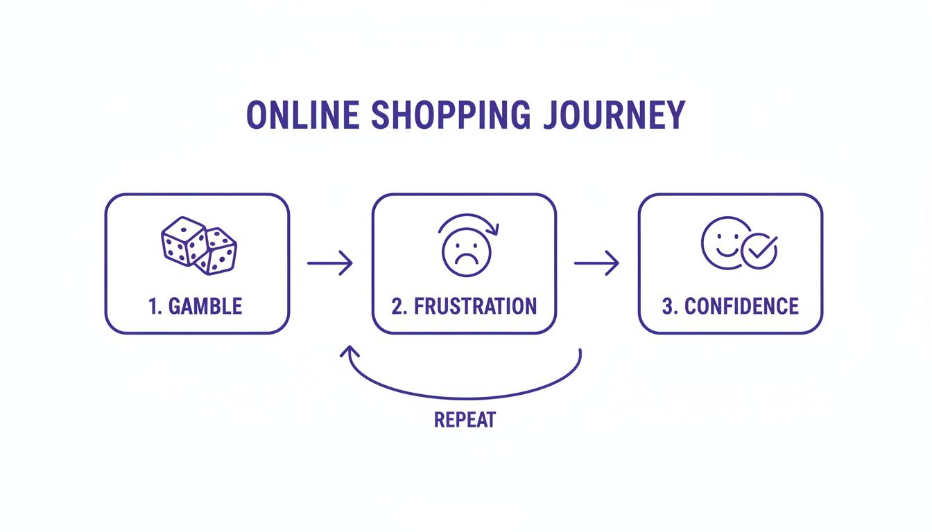 Flowchart illustrating the online shopping journey stages: Gamble, Frustration (repeats), and Confidence.