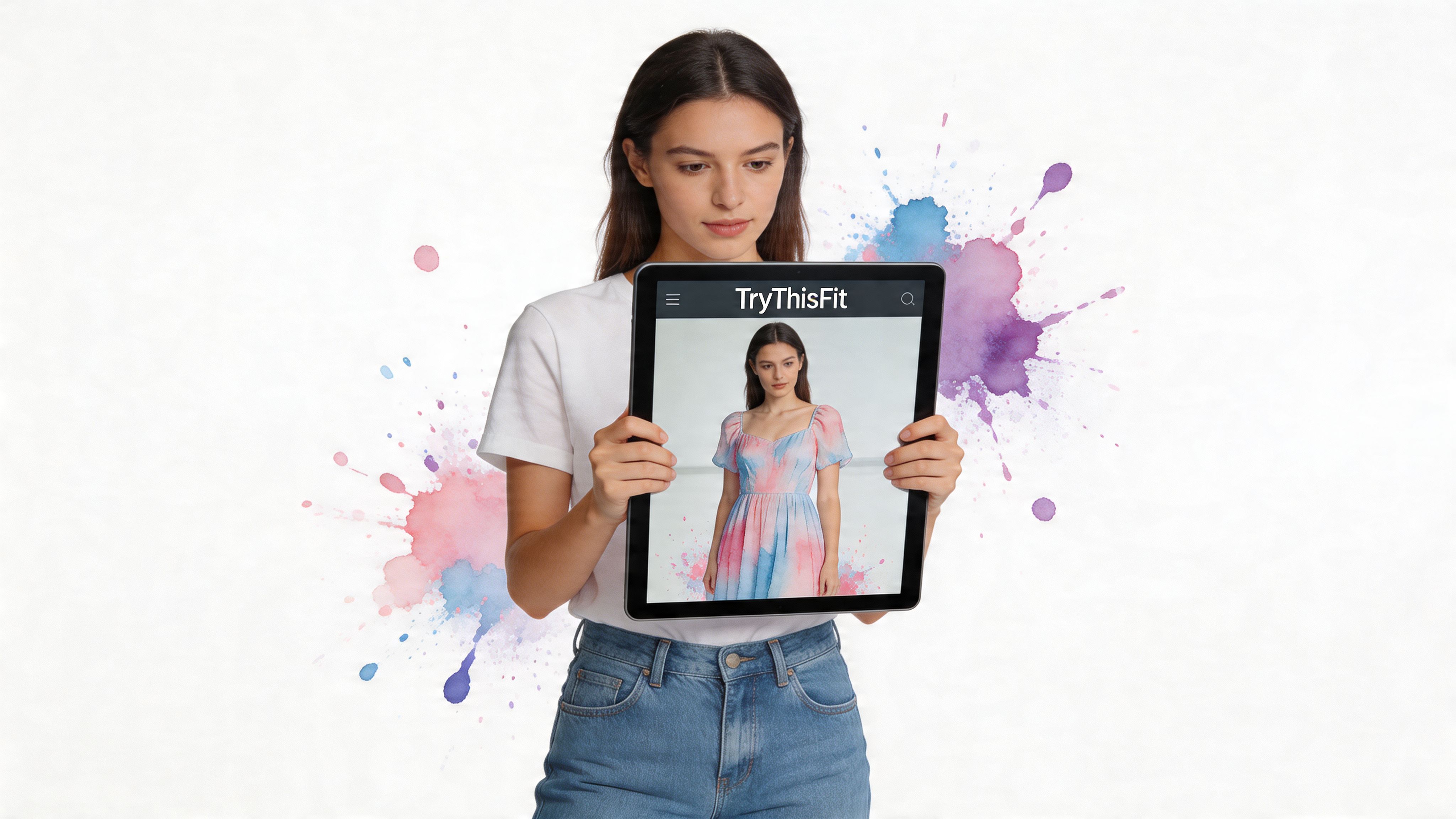 A young woman holding a tablet screen displaying a fashion app interface with a dress model.