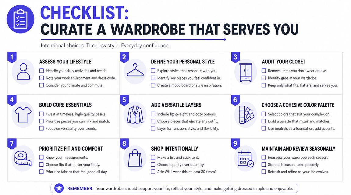 A nine-step infographic checklist for curating a functional, stylish, and sustainable wardrobe that builds personal confidence.