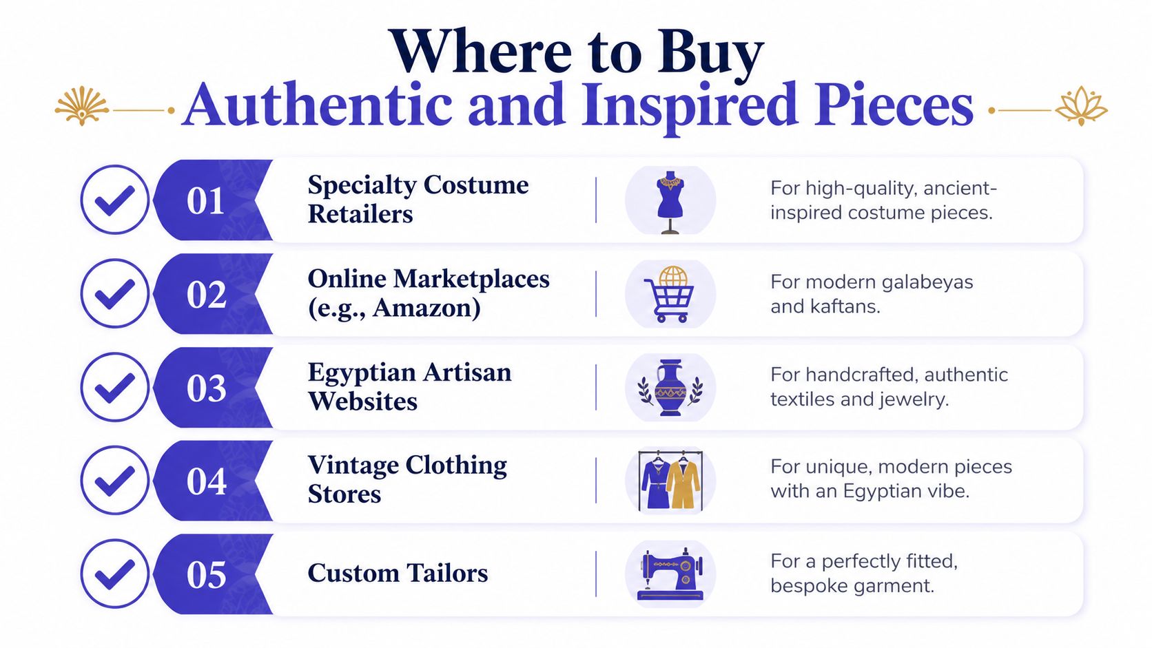 A guide listing five places to purchase authentic and inspired traditional Egyptian clothing and accessories.