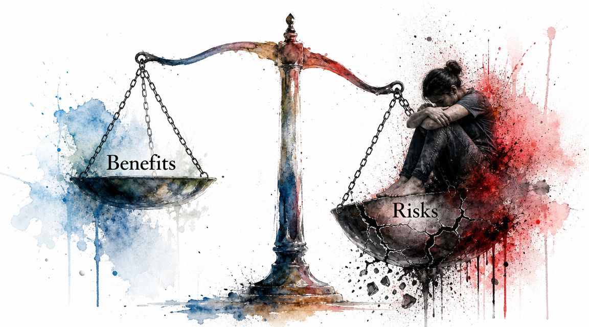 A conceptual illustration of a balance scale showing an empty benefits side and a heavy, weighted risks side.