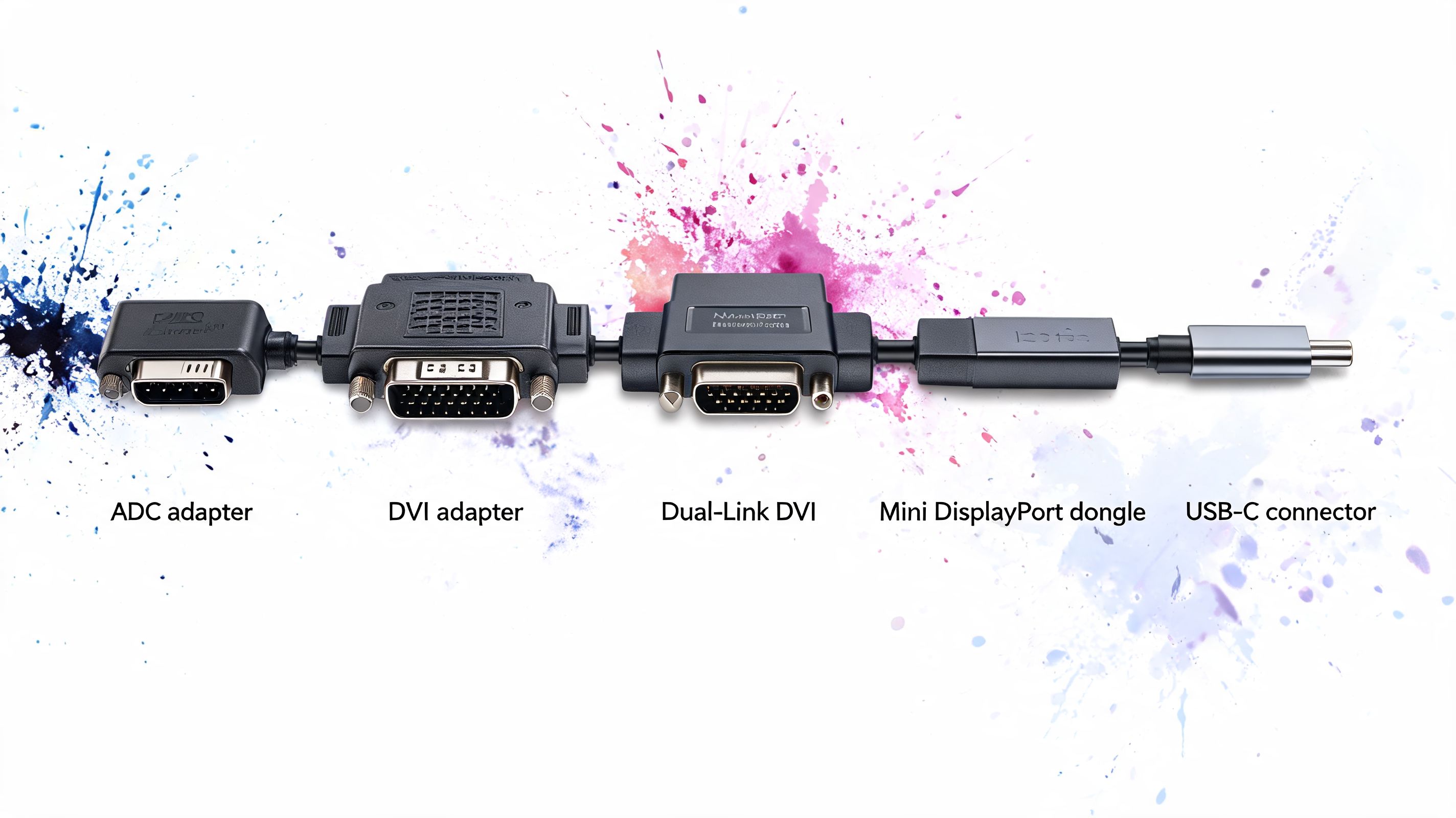 A daisy-chained series of vintage Apple display adapters and cables connecting to a modern USB-C connector.