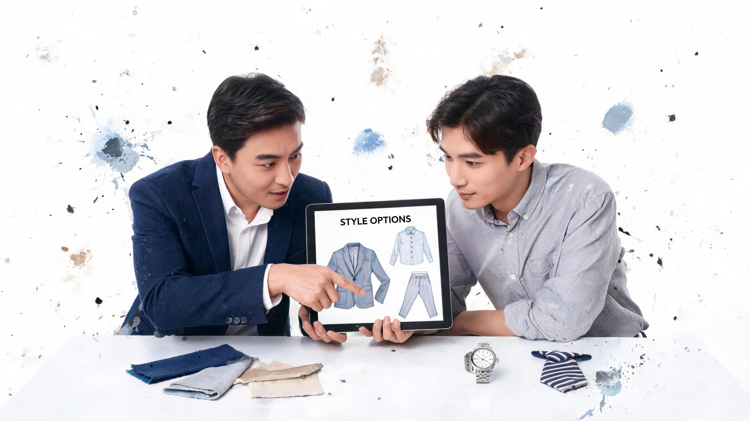 Two stylish men collaborating on a custom suit design using a digital tablet at a desk.