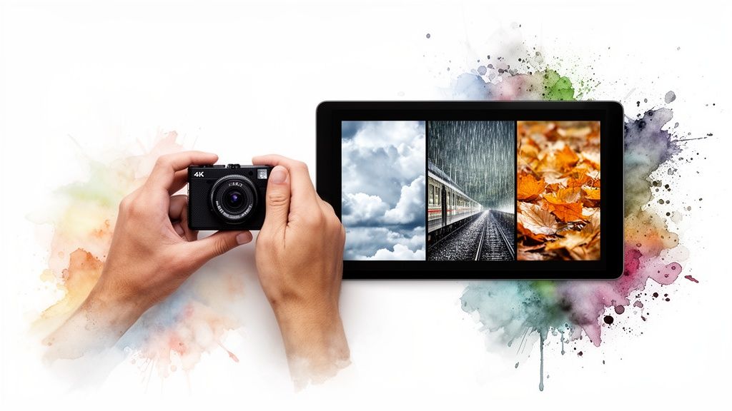 Hands hold a 4K camera next to a tablet displaying nature and travel photos, surrounded by watercolor splashes.