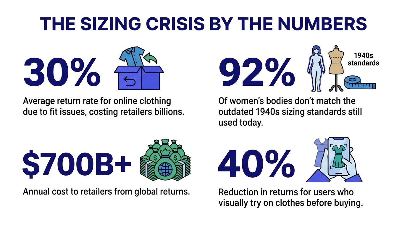 An infographic detailing the clothing sizing crisis, high return rates, and financial impact for global retailers.