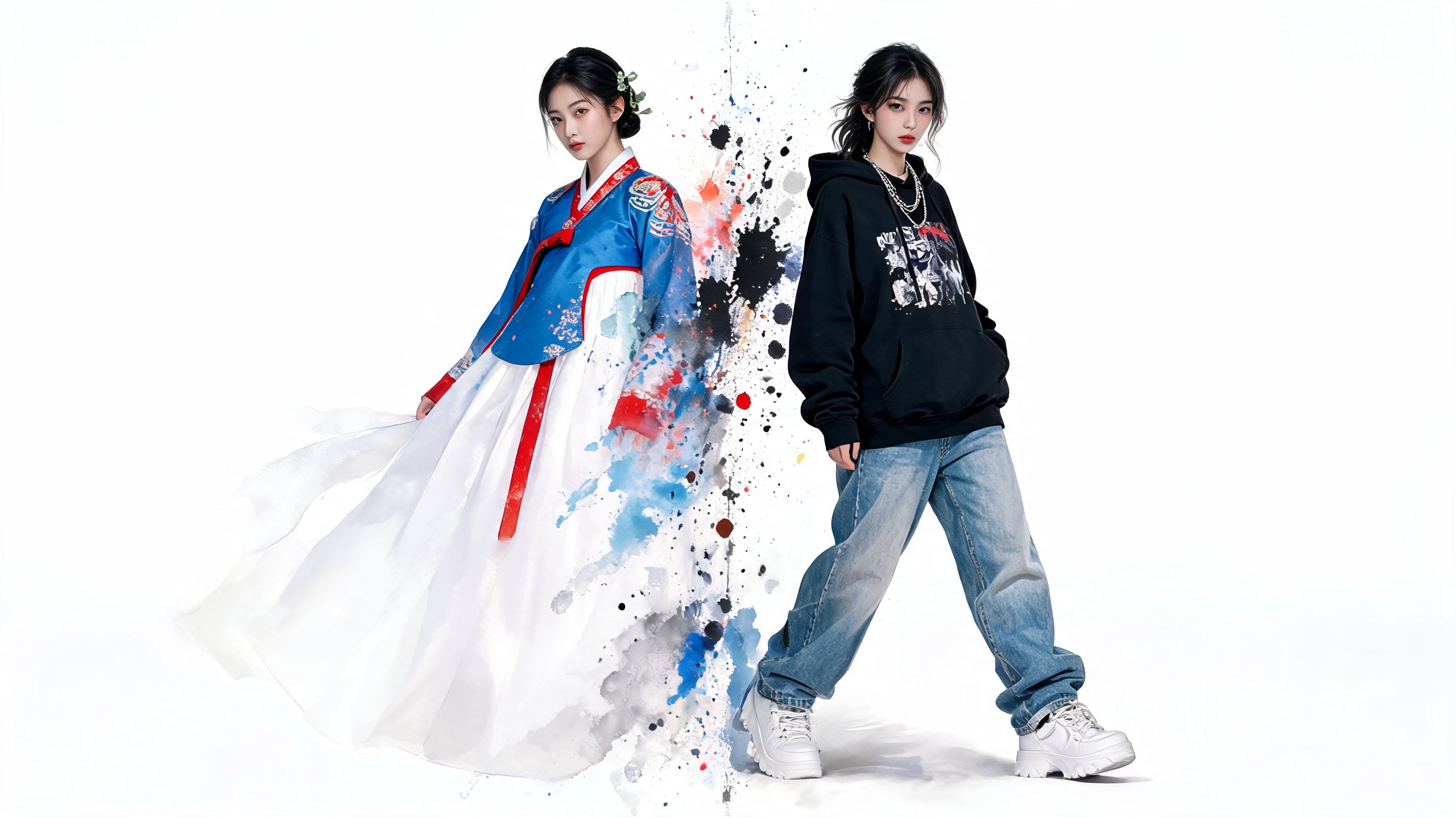 A split image showing a woman in traditional Korean hanbok transitioning into a modern street style hoodie.