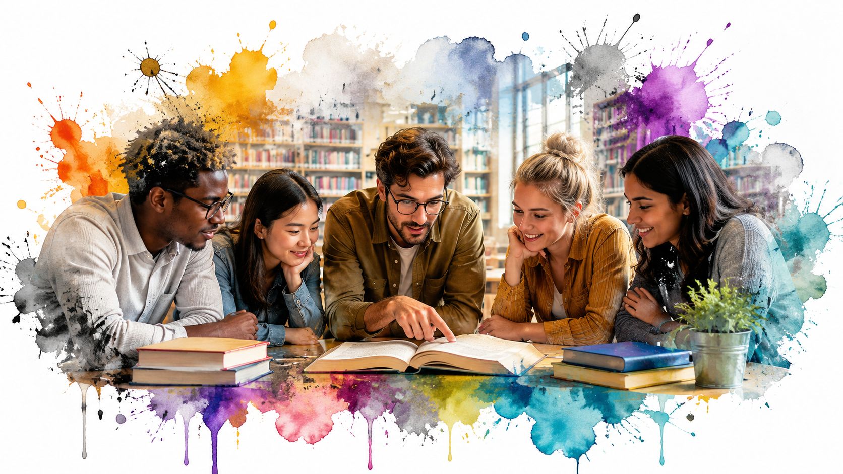 A diverse group of university students studying together from an open textbook in a library setting.