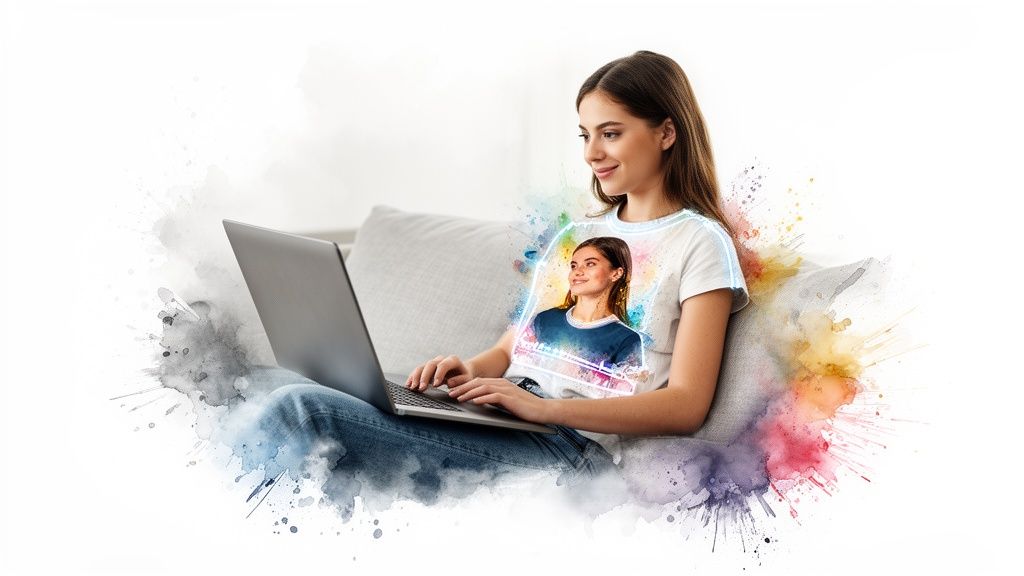 Smiling woman on a sofa with laptop, displaying a virtual outfit on her t-shirt.