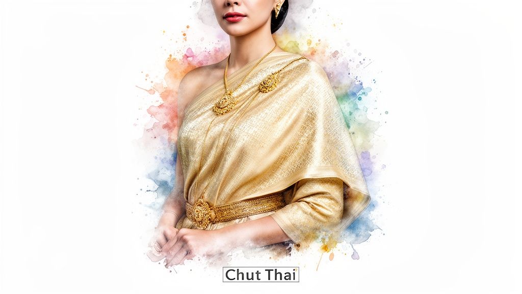 Close-up of a woman in a stunning golden traditional Thai dress with elegant gold jewelry.