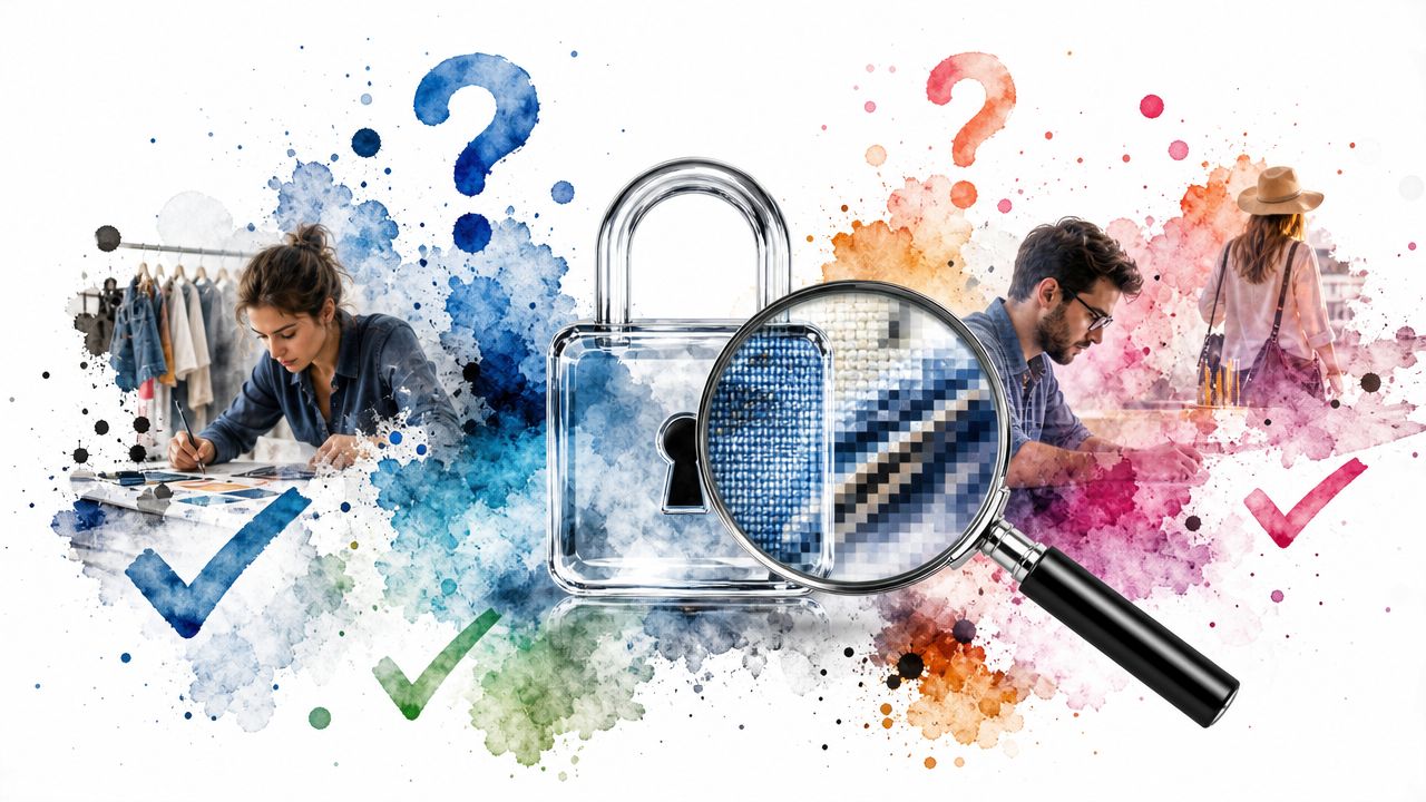 A conceptual image featuring a padlock and magnifying glass representing digital fashion design and authentication processes.