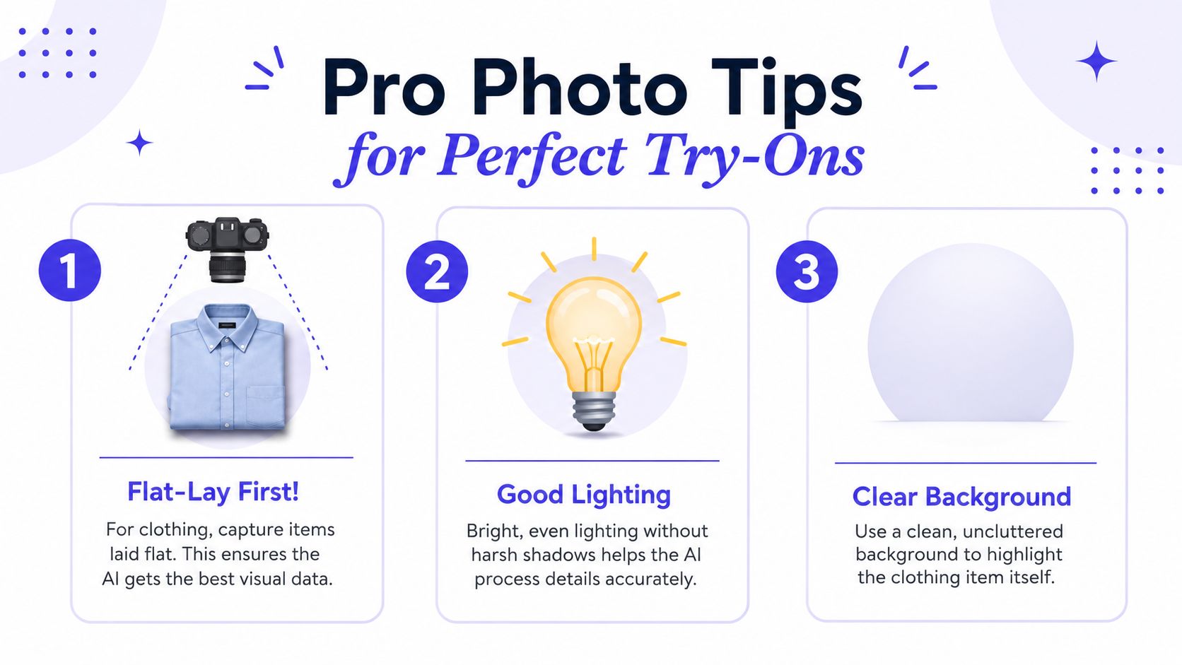 An infographic titled Pro Photo Tips for Perfect Try-Ons featuring instructions for flat-lay photography, lighting, and backgrounds.