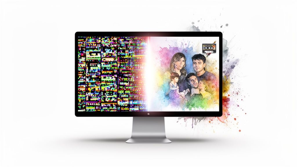 Monitor screen displaying a transition from digital glitch to a vibrant watercolor family portrait.