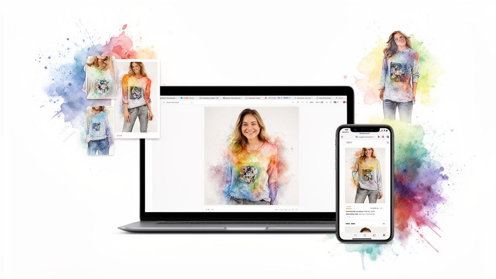 Woman wearing colorful watercolor-effect shirt displayed on laptop and smartphone screens with paint splashes.