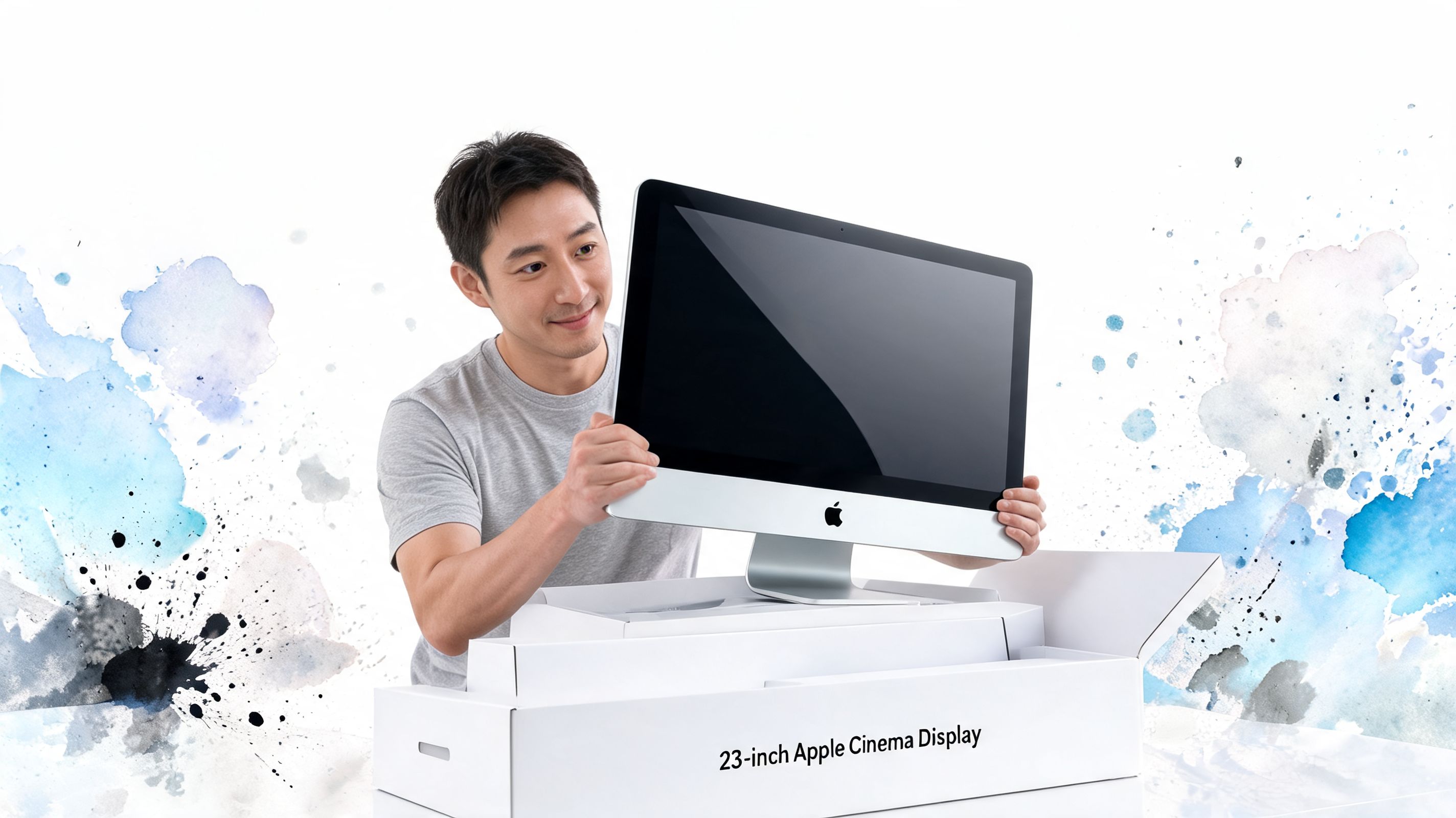 A smiling Asian man carefully unpacking a 23-inch Apple Cinema Display from its protective packaging.