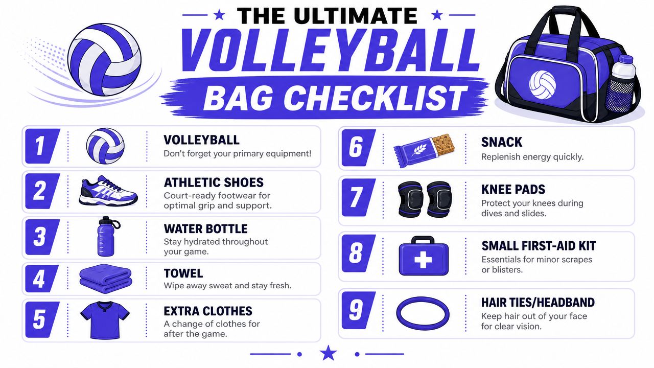 A comprehensive checklist for a volleyball bag featuring nine essential items for players including equipment and accessories.