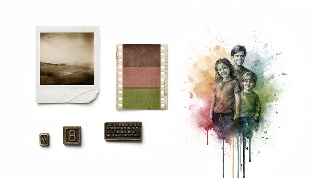 A collage featuring a sepia instant photo, film strip, metal characters, and a watercolor family portrait.