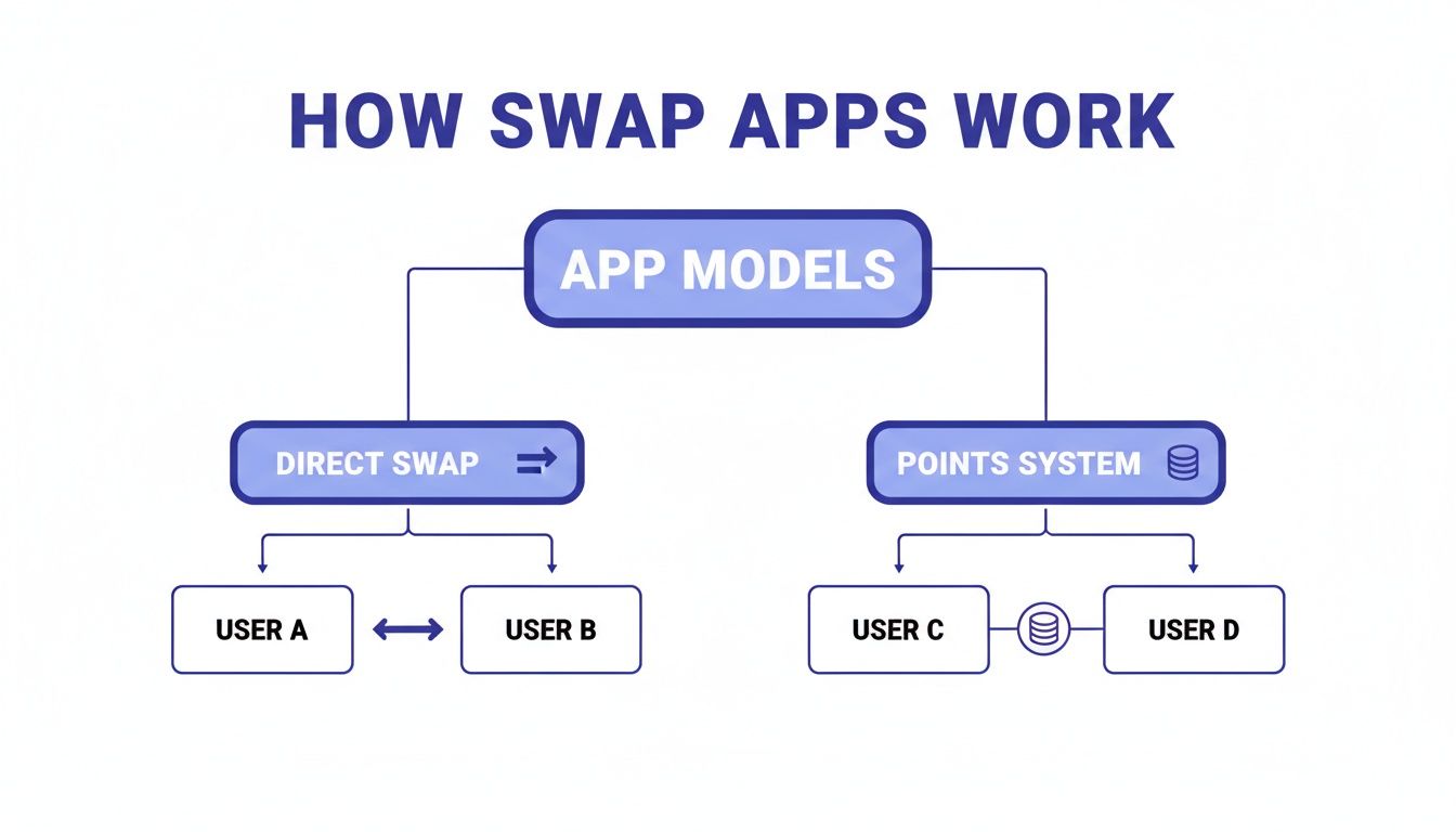A flowchart illustrating two swap app models: direct user exchange and a points system.