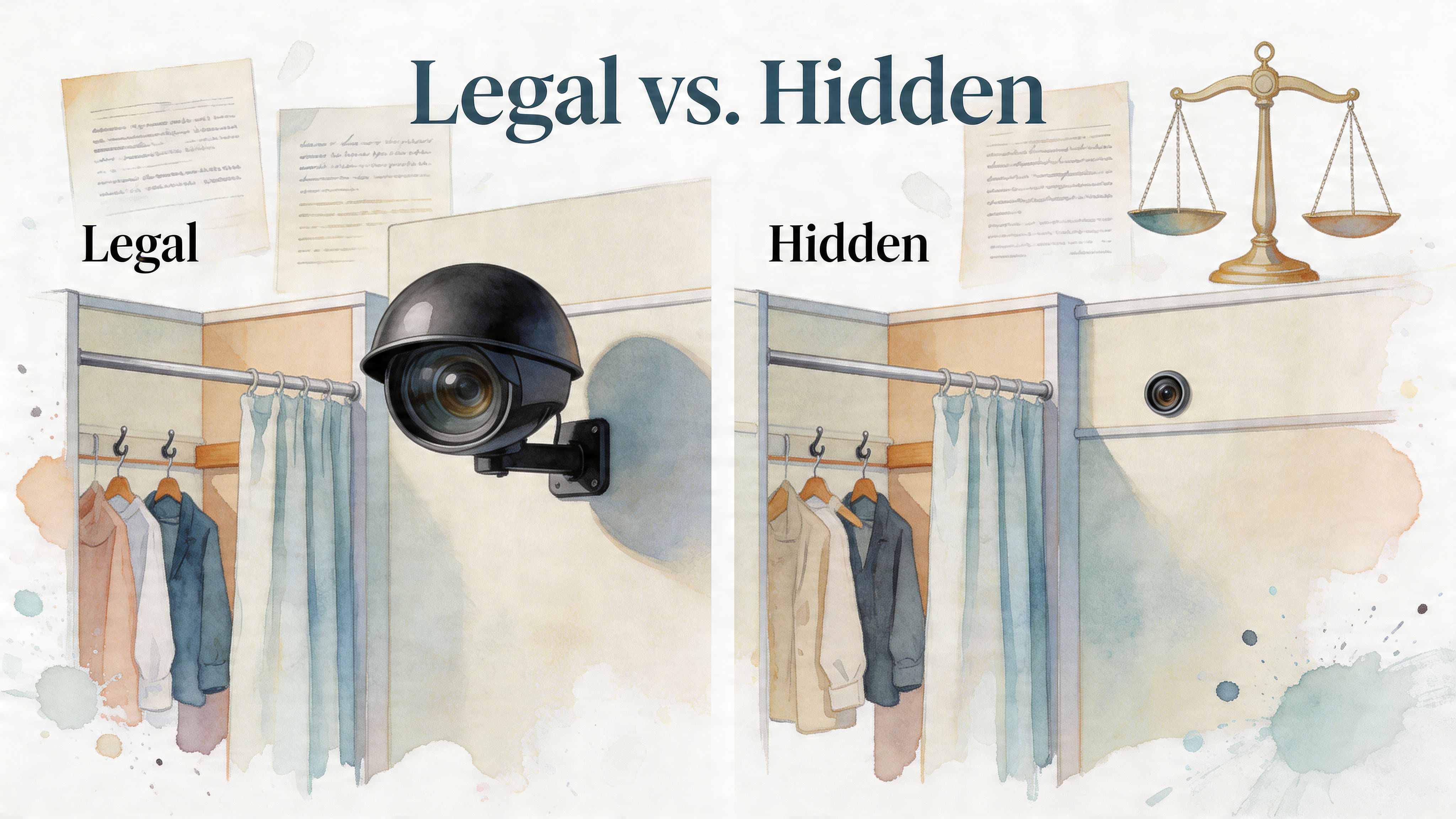 A conceptual illustration comparing legal visible security cameras and illegal hidden cameras in changing rooms.