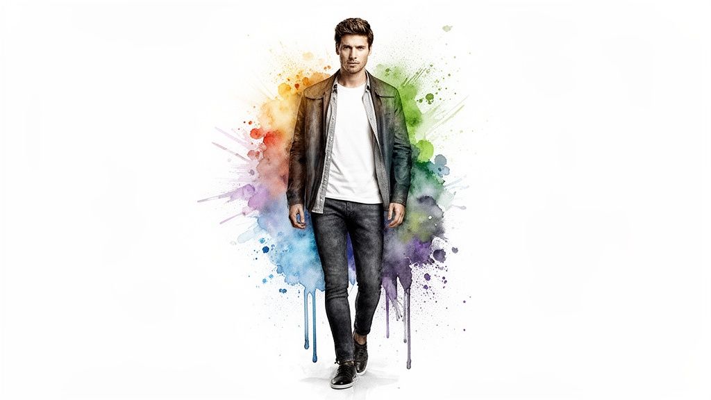 A stylish male model in a leather jacket and jeans walks against a vibrant watercolor splash.