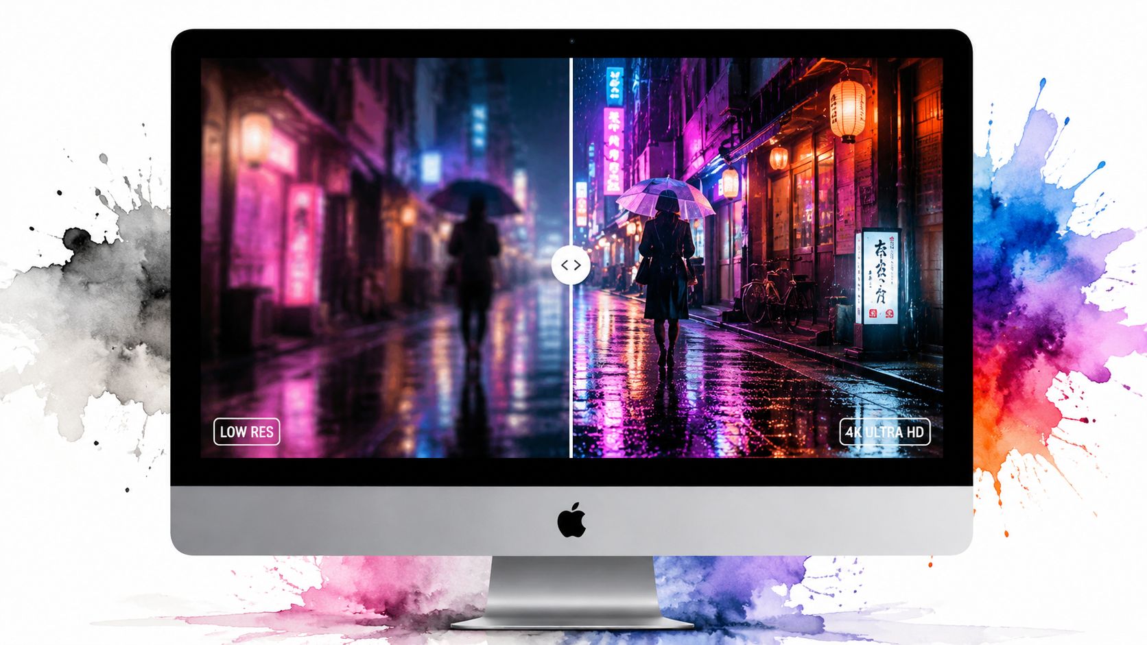 An iMac display showcasing a comparison between low resolution and 4K ultra HD image quality.