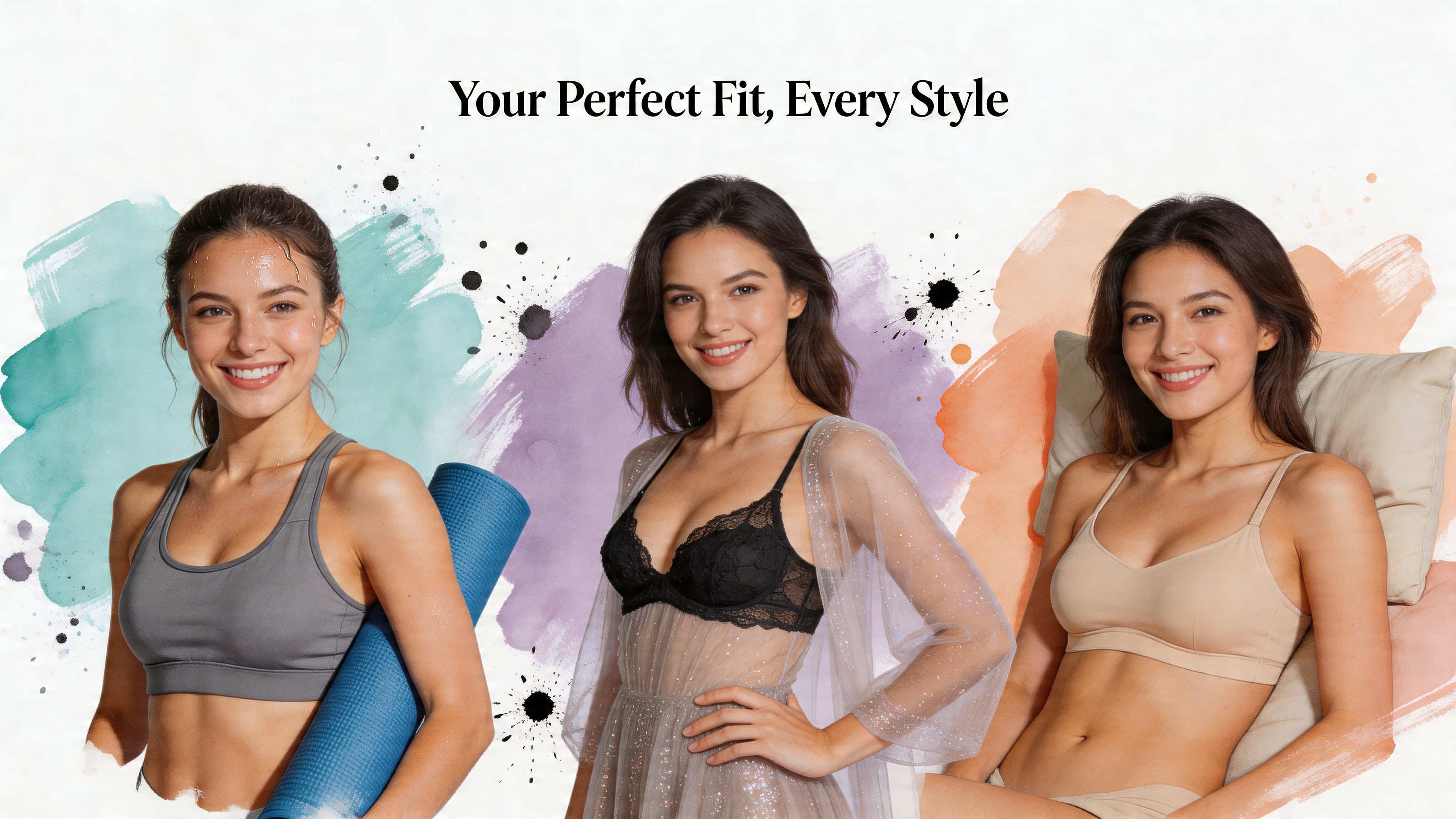 A smiling woman modeling three different styles of bras including fitness, intimate, and everyday loungewear designs.