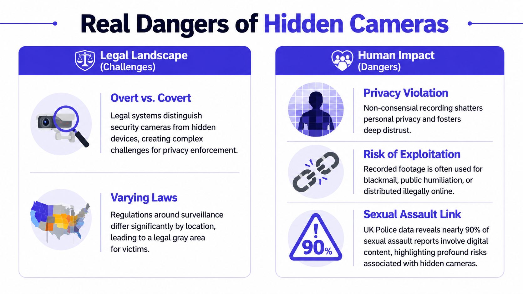An infographic titled Real Dangers of Hidden Cameras explaining legal challenges and severe human impact risks.