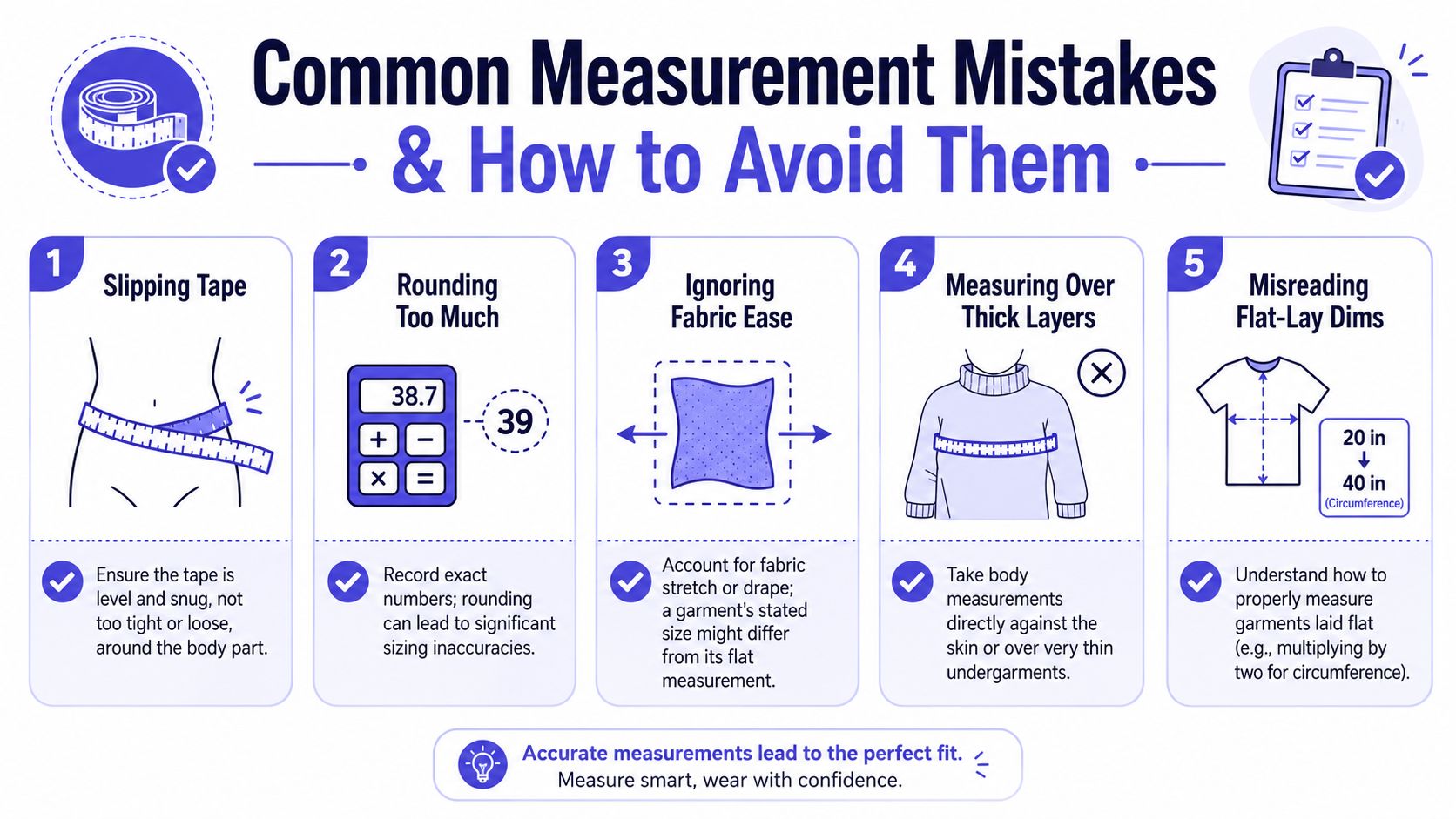 An infographic showing five common clothing measurement mistakes and tips on how to avoid them for accuracy.