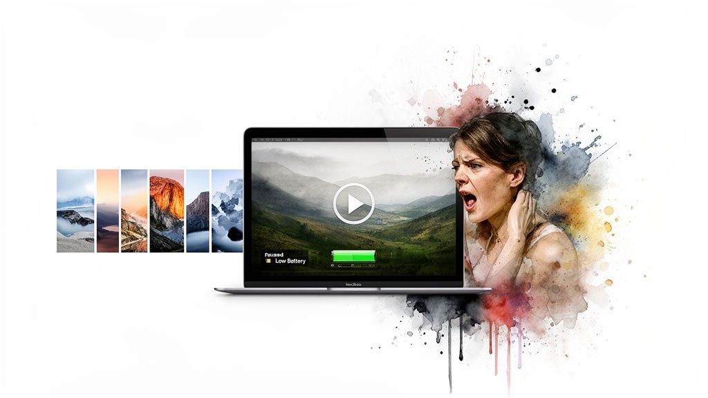 A woman reacts frustrated as a MacBook shows a paused video with a low battery warning, surrounded by scenic wallpapers and watercolor effects.