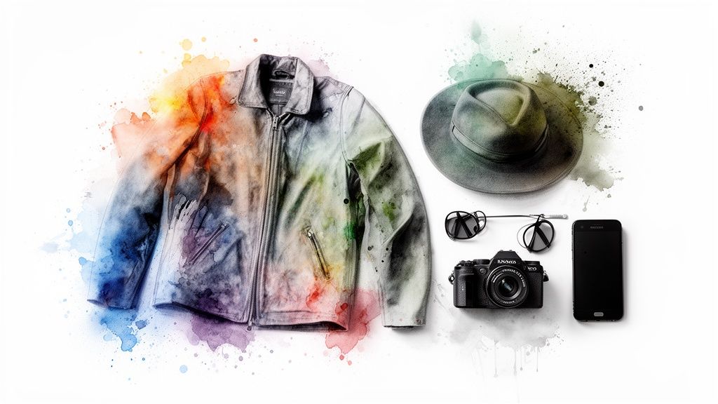 Flat lay of adventure essentials: watercolor-splashed leather jacket, hat, sunglasses, camera, and smartphone.