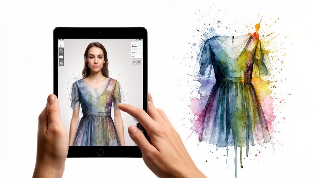 Hands holding a tablet showing a woman in a watercolor dress next to a painted dress.