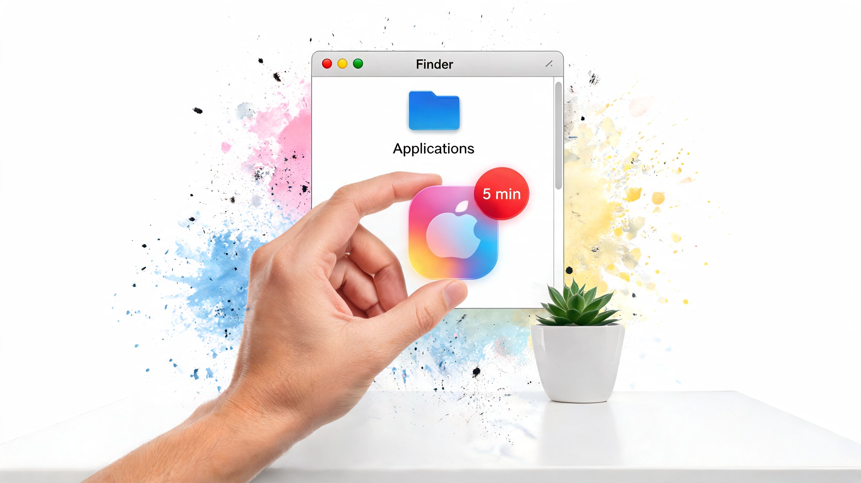 A human hand holding a colorful Apple application icon in front of a digital Finder window.