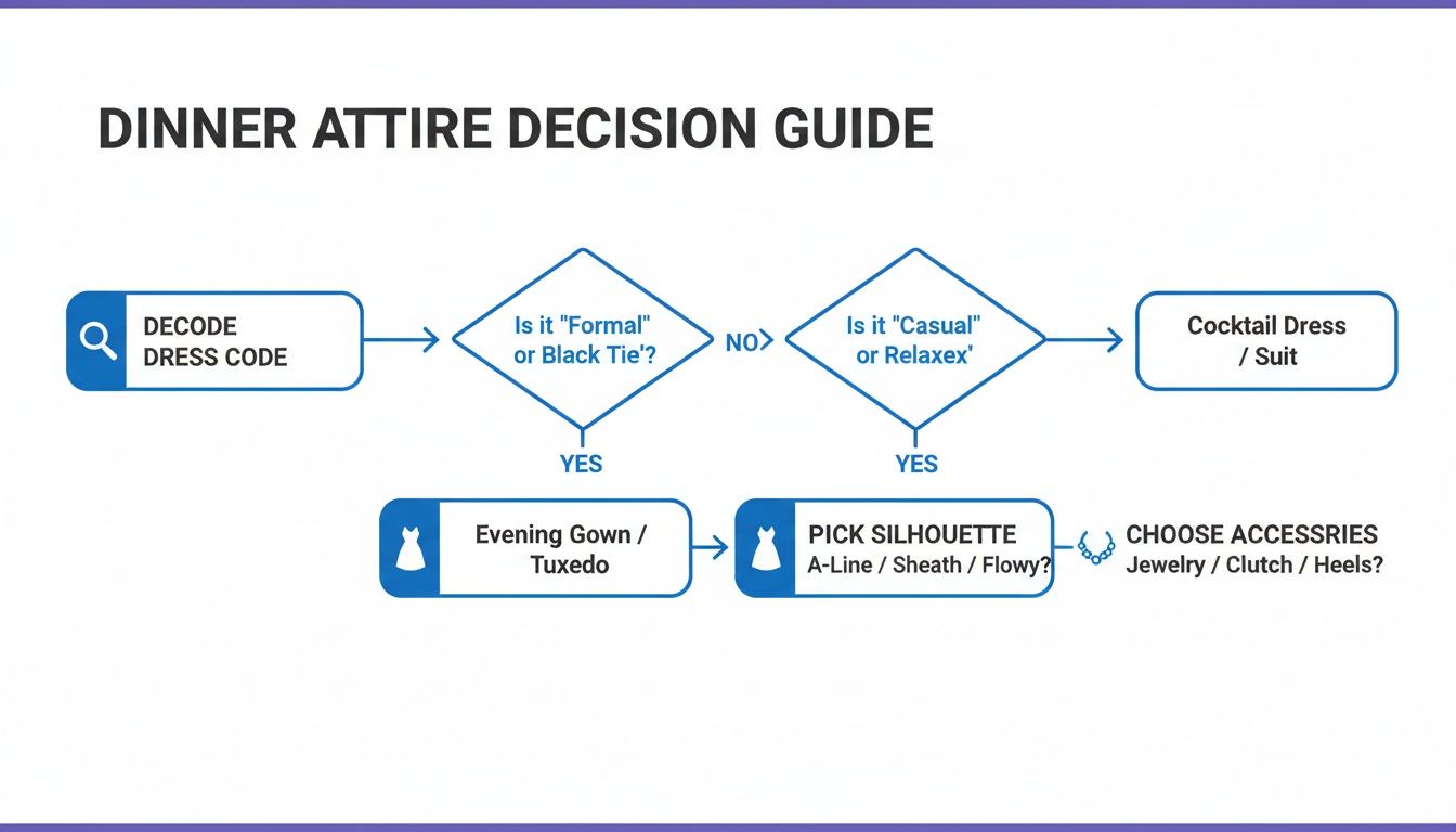 Flowchart guide for choosing dinner attire, detailing options like gowns, tuxedos, cocktail dresses, and accessories.