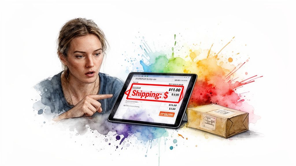 Watercolor of a woman pointing at a tablet displaying an $11 shipping cost, with a package nearby.