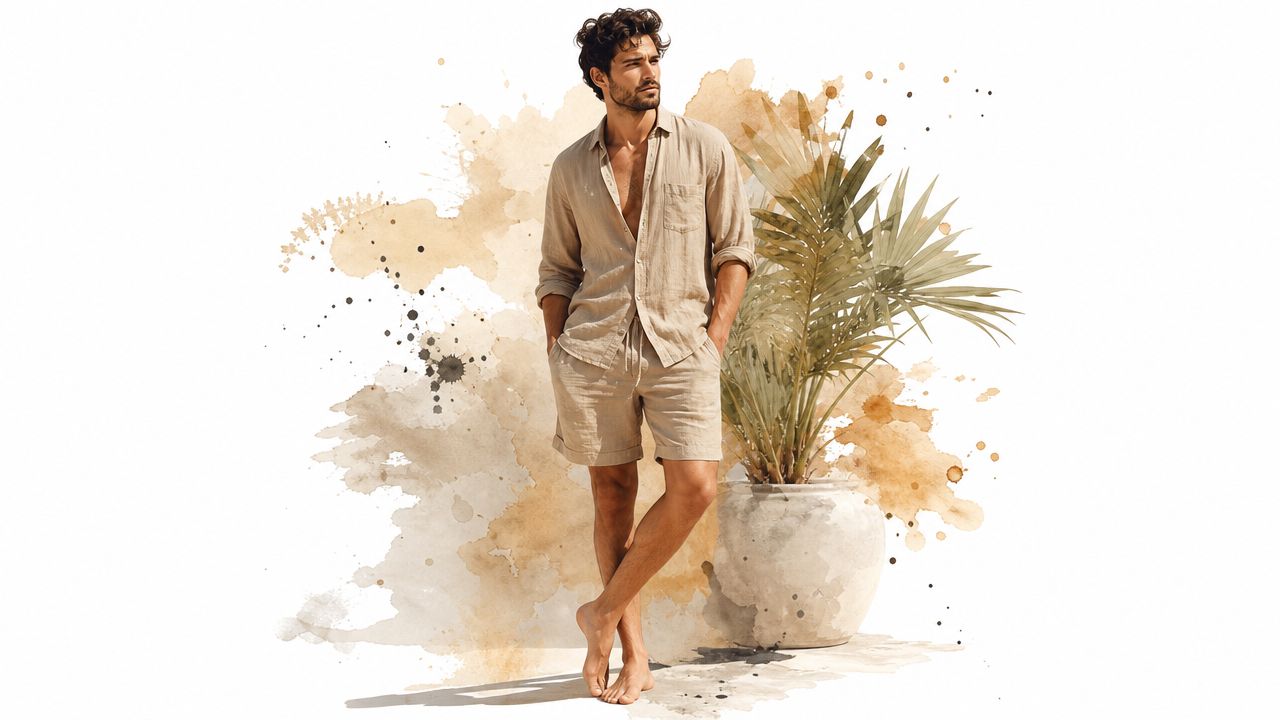 A handsome man wearing a beige linen shirt and matching shorts posing next to a potted palm plant.