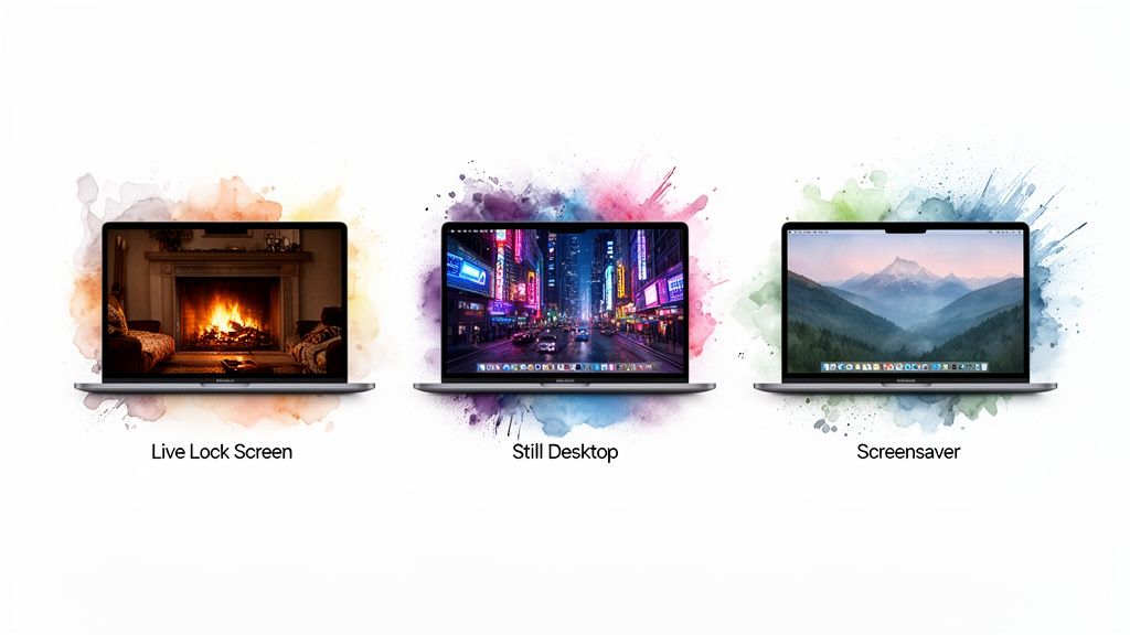 Three MacBooks display various desktop and screensaver options: a cozy fireplace, a vibrant city, and serene mountains.