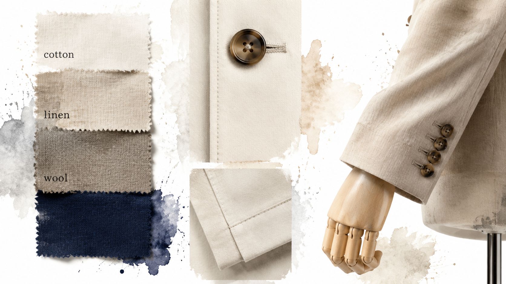 A close up view of fabric swatches and a beige blazer on a mannequin demonstrating tailoring details.