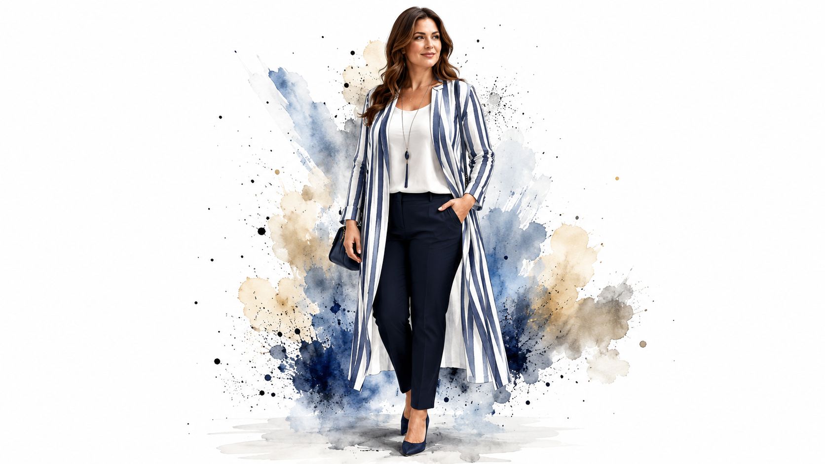 A professional woman wearing a striped long duster cardigan, white blouse, and navy trousers, elegantly styled.
