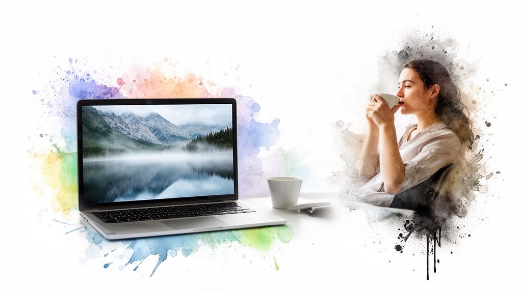 Artistic image of a laptop with a misty lake, a coffee cup, and a woman drinking, all with watercolor splashes.