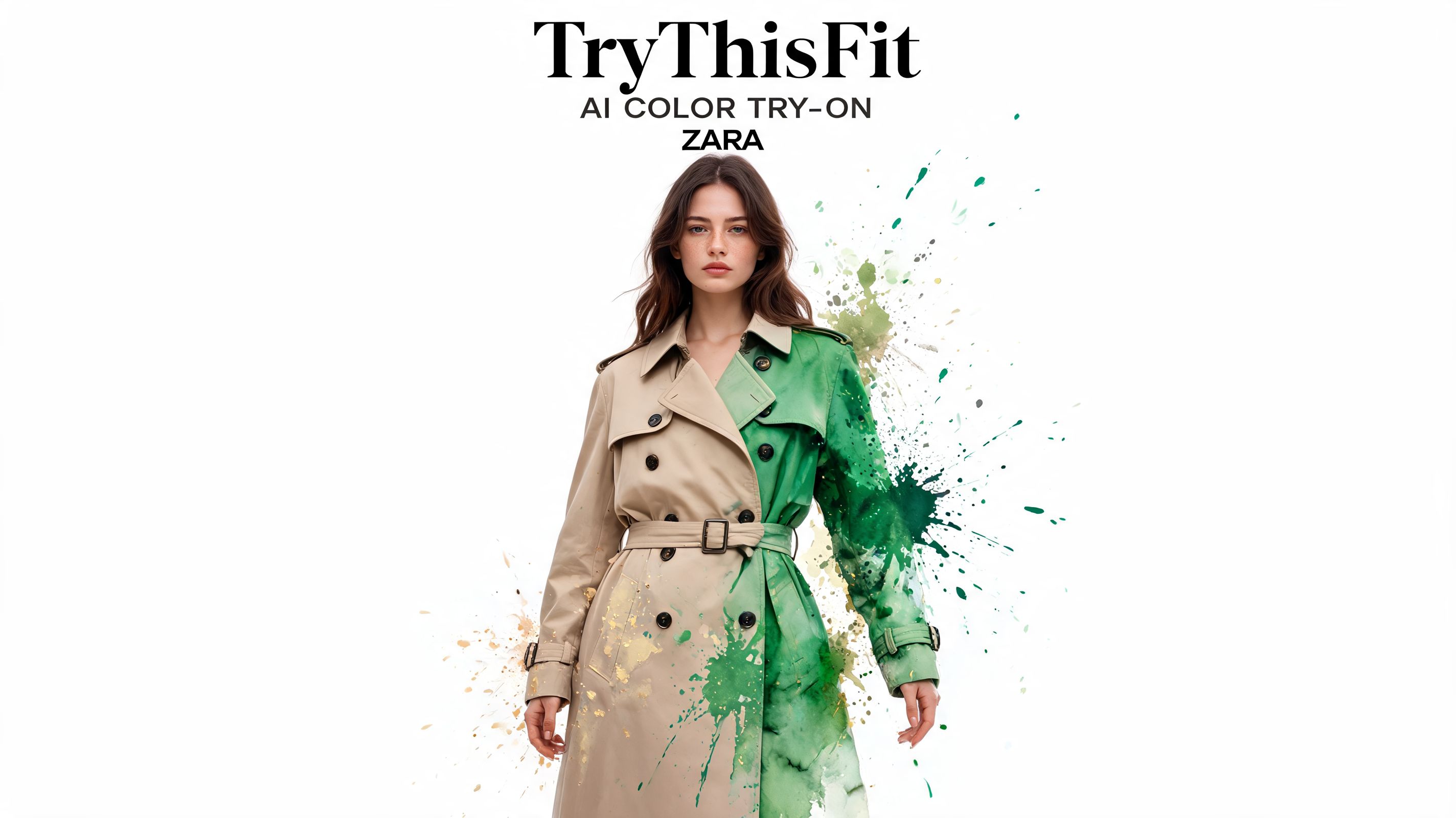 A woman wearing a beige trench coat transitioning into vibrant green watercolor paint splashes on white background.