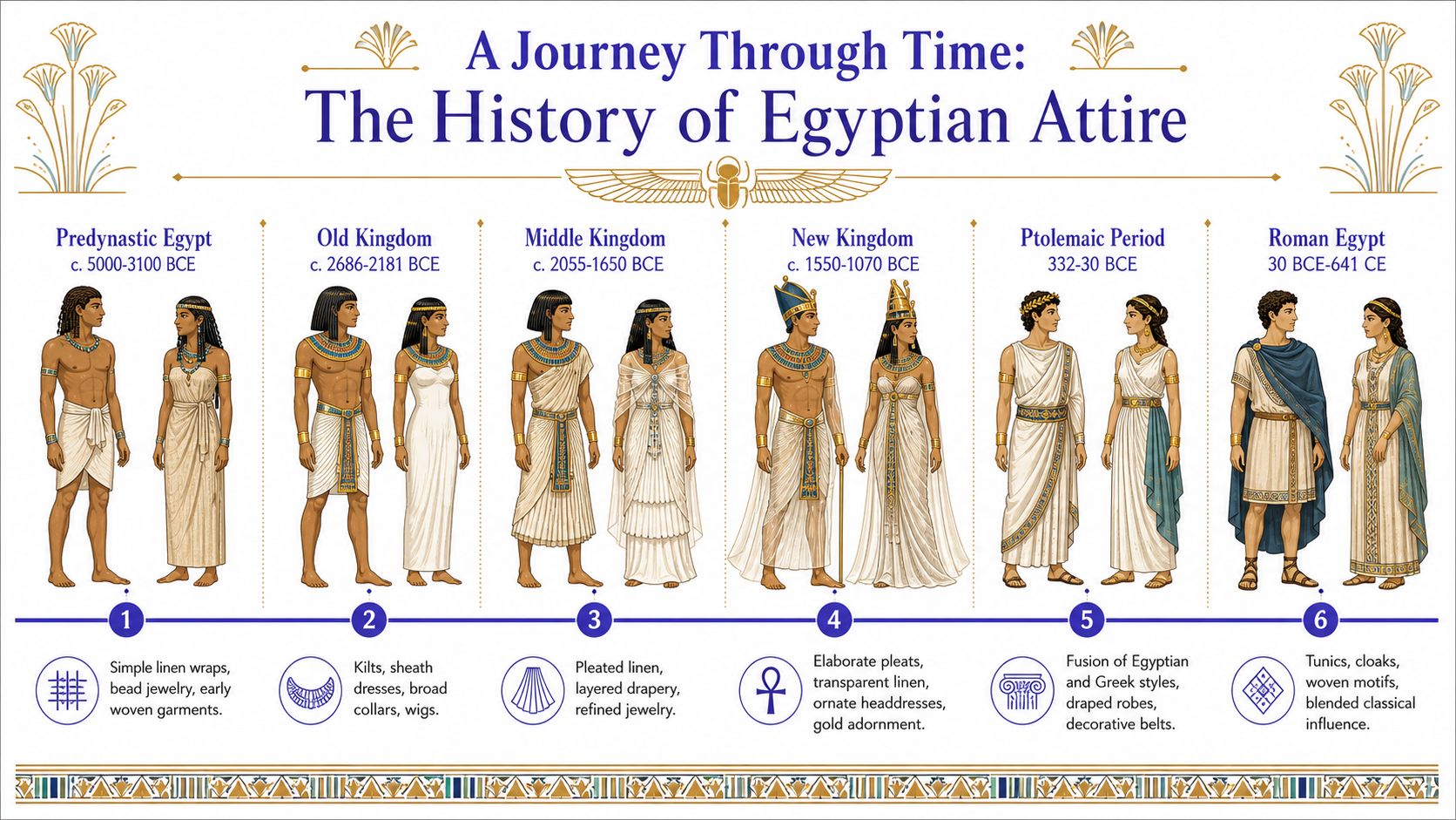 A detailed historical timeline showing the evolution of Egyptian clothing from the Predynastic period to Roman Egypt.